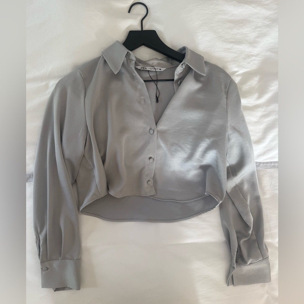 Zara Silver Satin Button-Down Shirt